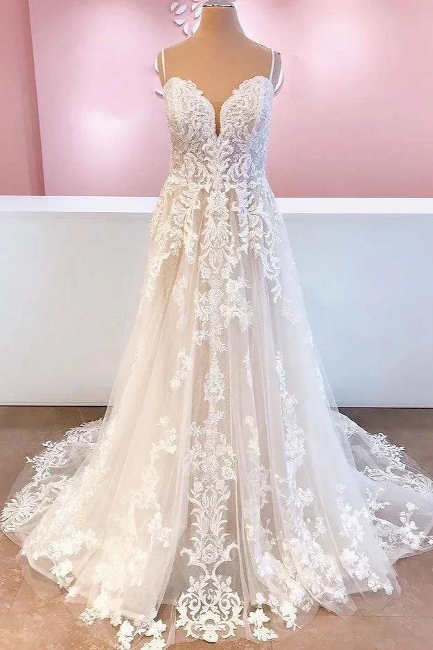 Classy Long A-Line Tulle Spaghetti Straps Appliques Lace Backless Wedding Dress (ZD15230) - VelvetHem