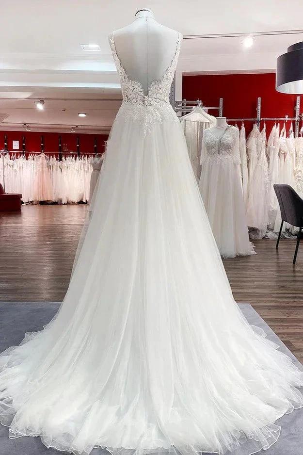 Classy Long A-line Tulle V Neck Sleeveless Lace Wedding Dress (ZD15247)