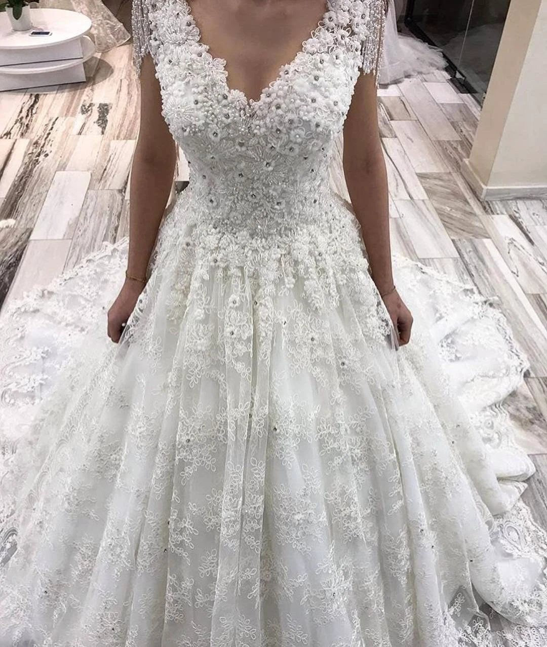 Classy Long A-Line V-neck Appliques Lace Crystal Wedding Dress (ZD15133)