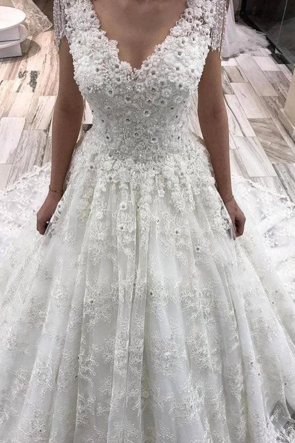 Classy Long A-Line V-neck Appliques Lace Crystal Wedding Dress (ZD15133) - VelvetHem
