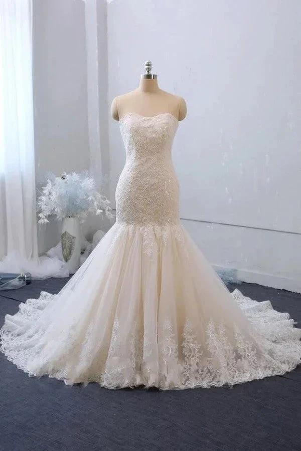 Classy Long Mermaid Sweetheart Backless Appliques Lace Tulle Wedding Dress (ZD15095) - VelvetHem