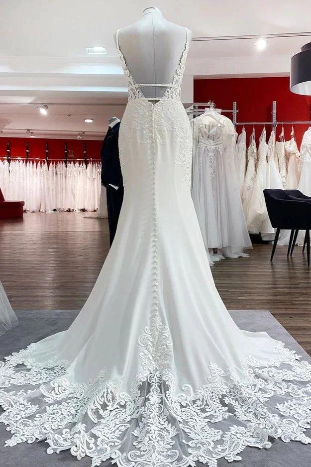 Classy Long Mermaid V-neck Satin Open Back Wedding Dress with Lace Appliques (ZD15271)