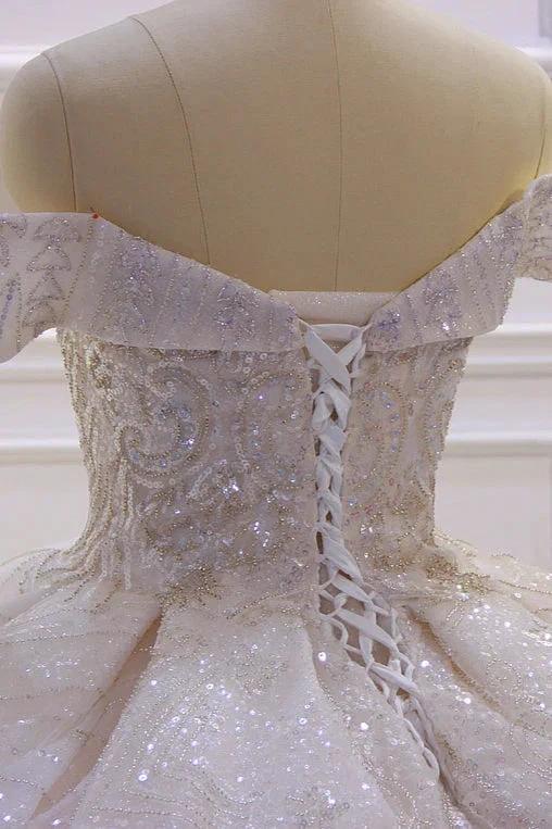 Classy Long Off the Shoulder Sequin Beading Satin Ball Gown Wedding Dress (ZD15189)