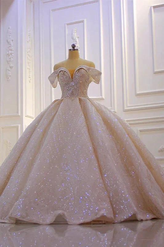 Classy Long Off the Shoulder Sequin Beading Satin Ball Gown Wedding Dress (ZD15189) - VelvetHem