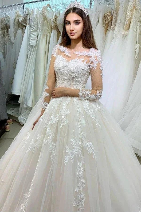 Classy Long Princess Appliques Lace Tulle Wedding Dress with Sleeves (ZD15074) - VelvetHem