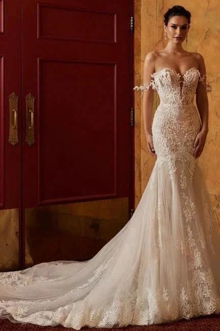 Classy Off-the-shoulder Sleeveless Mermaid Lace Wedding Dresses with Applique (ZD16563) - VelvetHem
