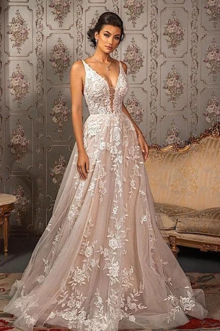 Classy V-neck Appliques Lace Spaghetti Straps Sleeveless A-Line Wedding Dresses (ZD16564) - VelvetHem