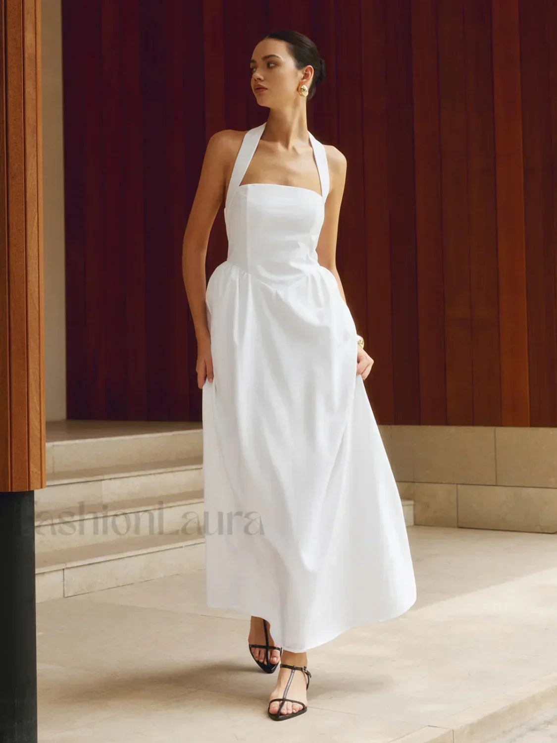 Cotton & Linen Halter A Line Long Dress White / XS Dresses