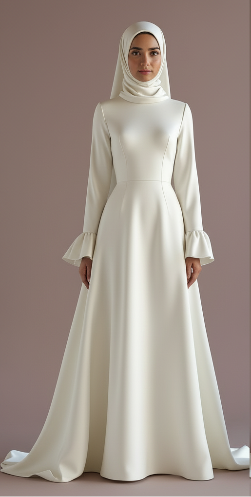 Elegant Arabic Dubai Muslim Bridal Dress with Flower Appliques and Tulle Skirt - View 2 | VelvetHem