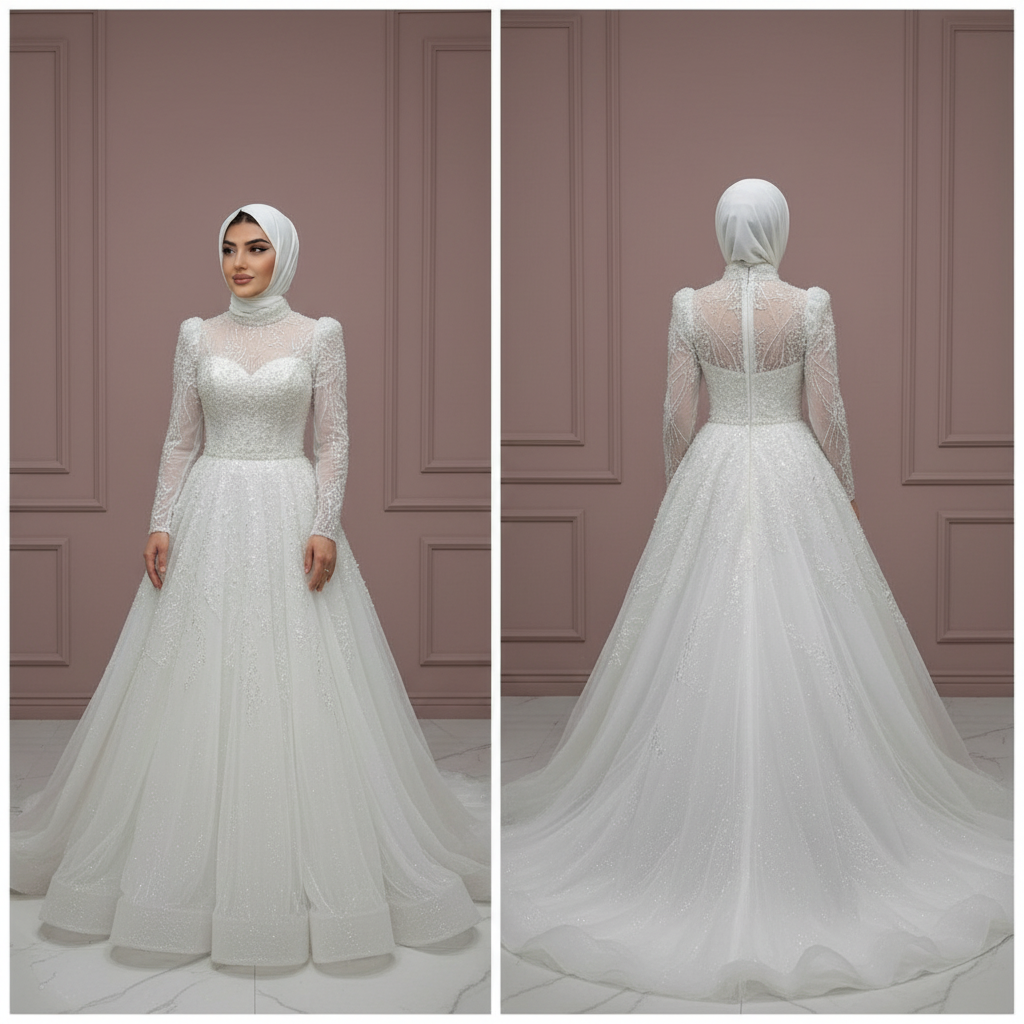 Custom Arabic Muslim Wedding Dress for Women with Long Sleeves and Tulle