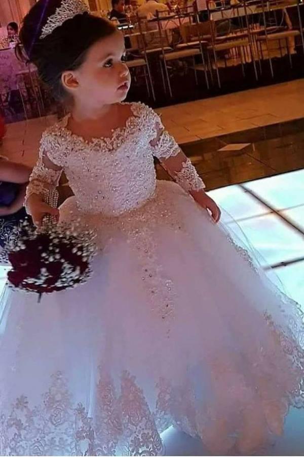 Cute Ball Gown Long Sleeves Tulle Flower Girl Dress with Lace Appliques - VelvetHem