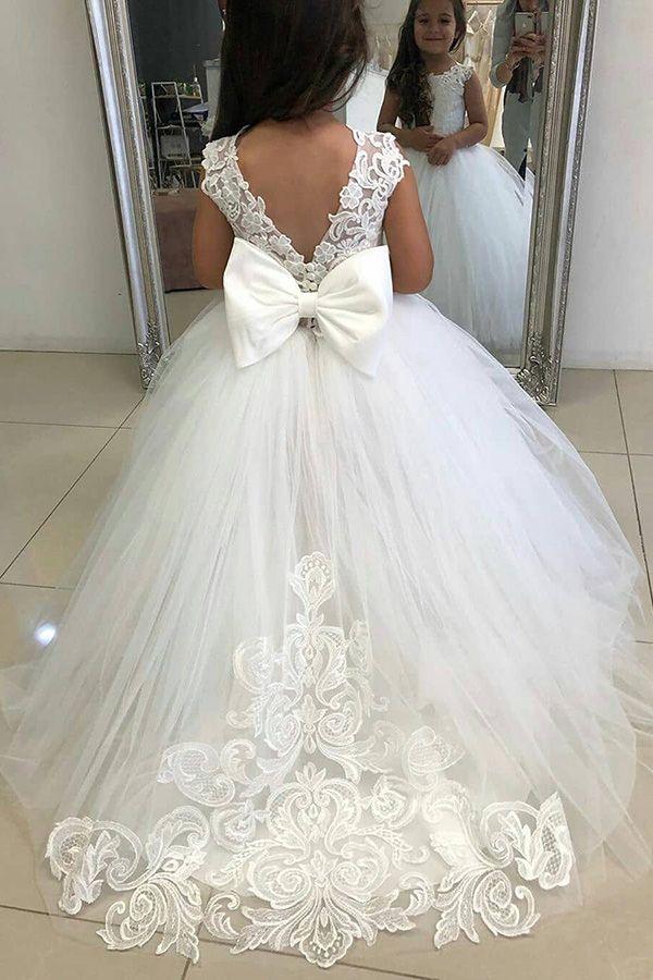Cute Ivory Long Ball Gown Tulle Sleeveless Flower Girl Dresses - VelvetHem