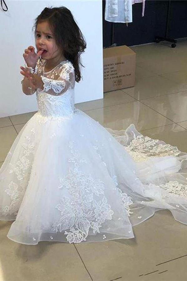 Cute Long A-line Tulle Lace Flower girl dresses with sleeves - VelvetHem
