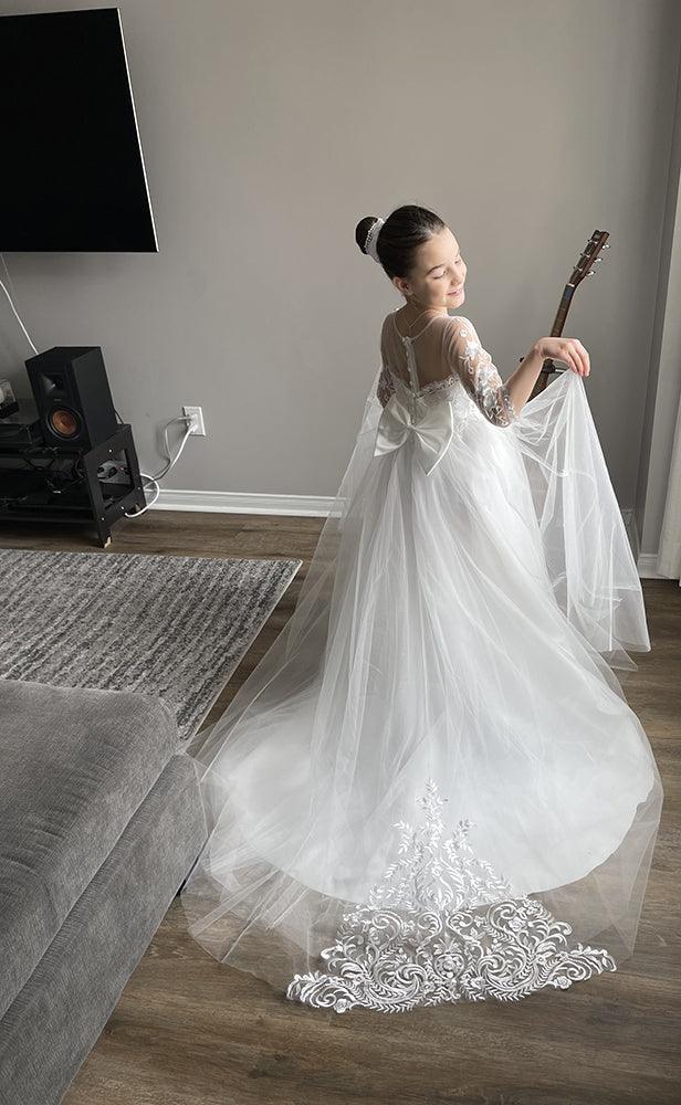 Cute Long Boho A-line Lace Tulle Flower Girl Dresses with sleeves - VelvetHem