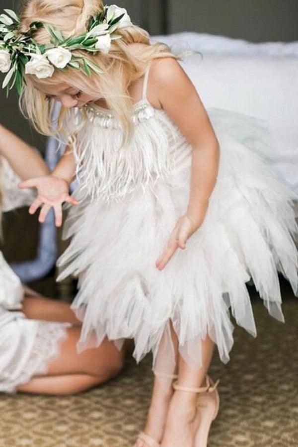 Cute Short A-line Spaghetti Straps Feather Flower Girl Dresses - VelvetHem
