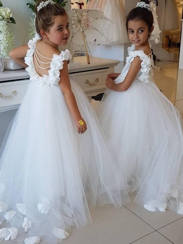 Cute Tulle Appliques Backless Flower Girl Dresses with Pearls - VelvetHem