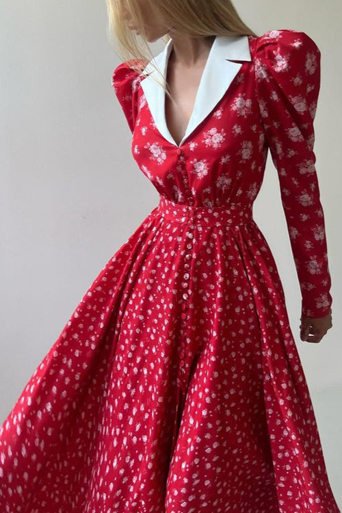 Contrast Collar Long Sleeve A Line Floral Dress