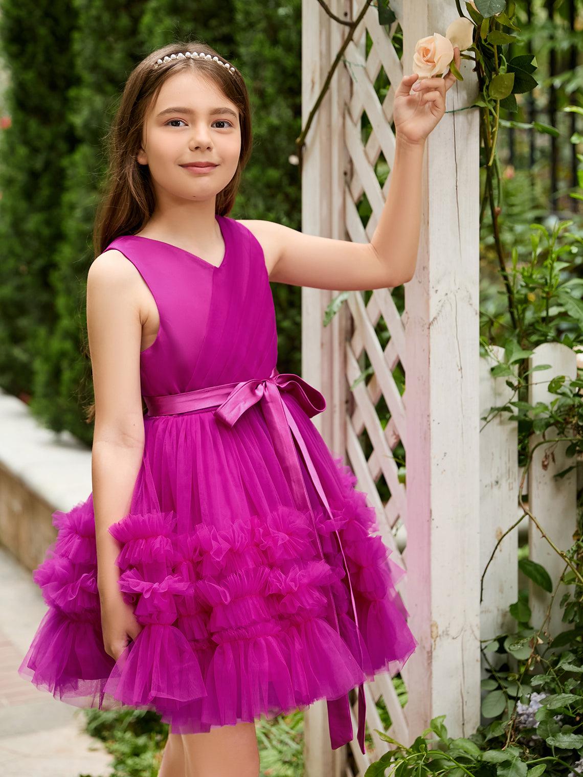 Fuchsia Princess Sleeveless Tulle Flower Girl Dress with Ruffles (010225236)