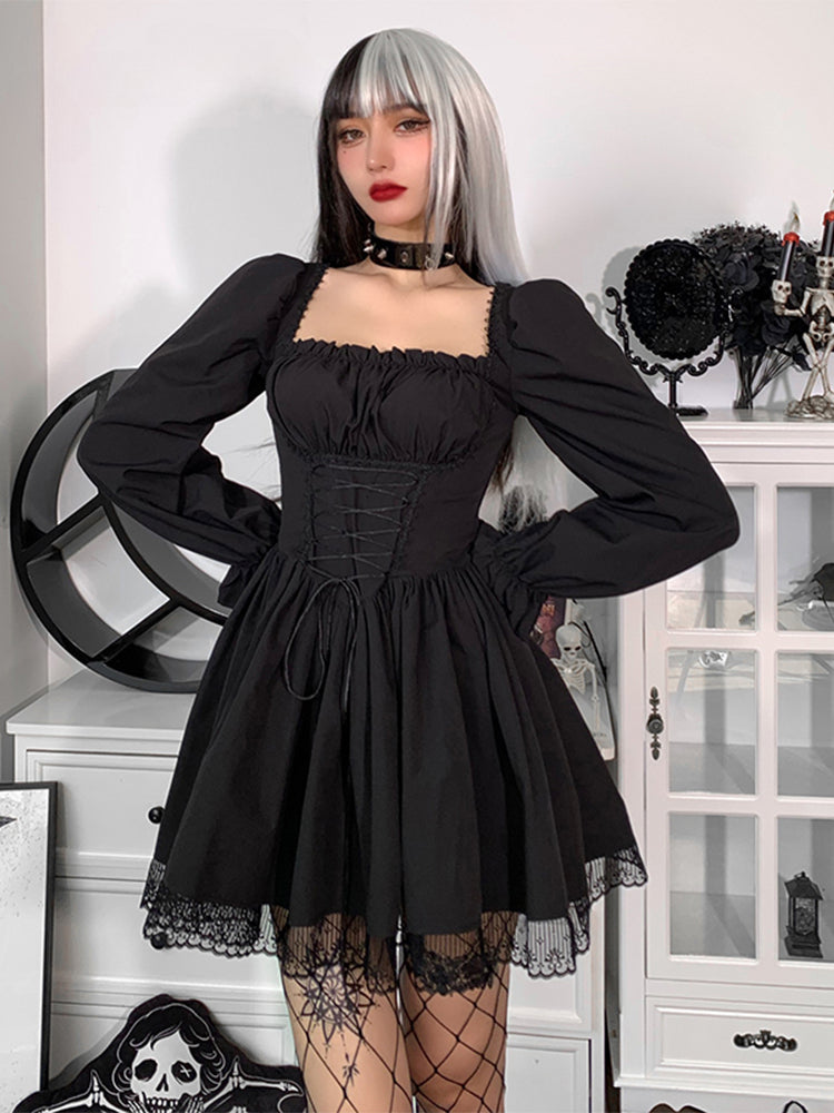 Spaghetti Strap Lace Satin Slip Party Mini Harajuku Vintage Square Collar Puff Sleeve Dress - VelvetHem