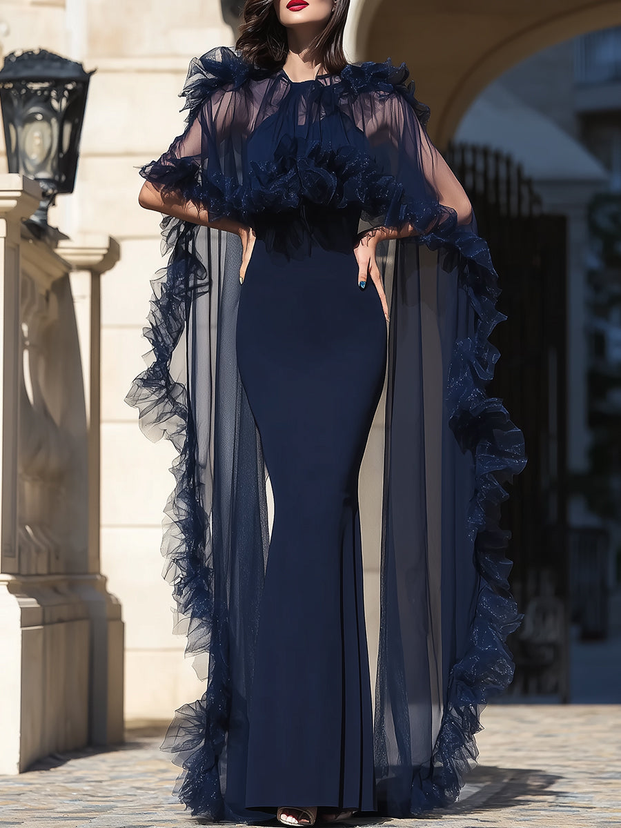 Midnight Elegance Ruffled Sheer Cape Gown