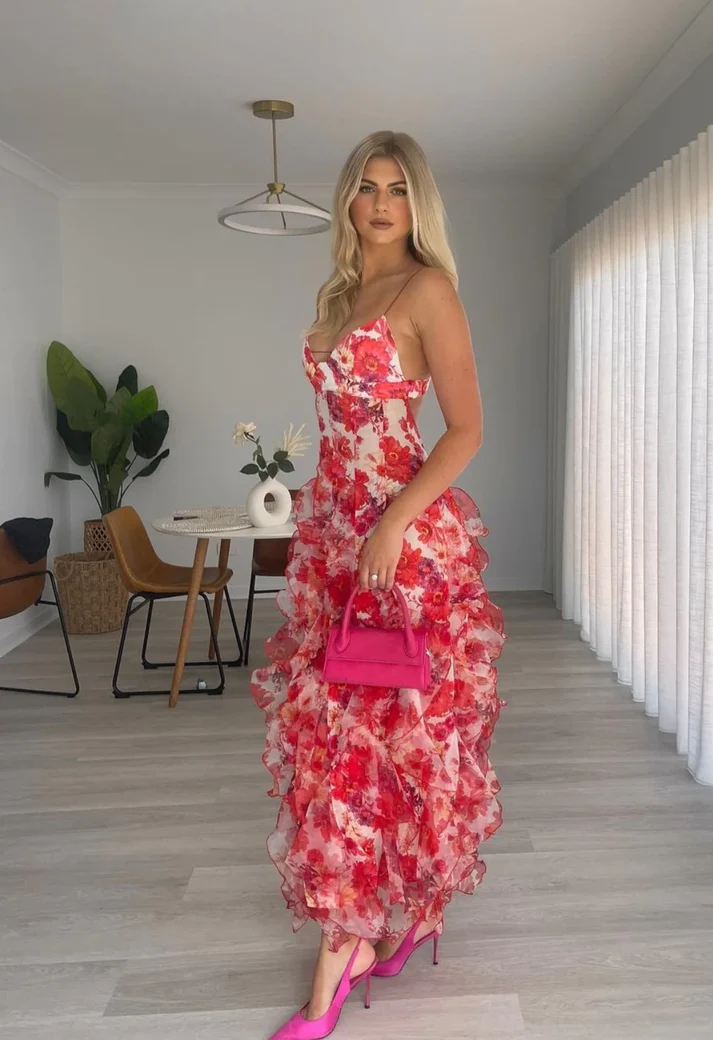 Sexy Red Floral Printed Backless Ruffle Long Party Dress Prom Evening Dress - VelvetHem