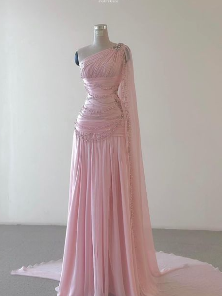 Vintage One Shoulder Pink Beaded A Line Chiffon Evening Dress Elegant Prom Dress - VelvetHem