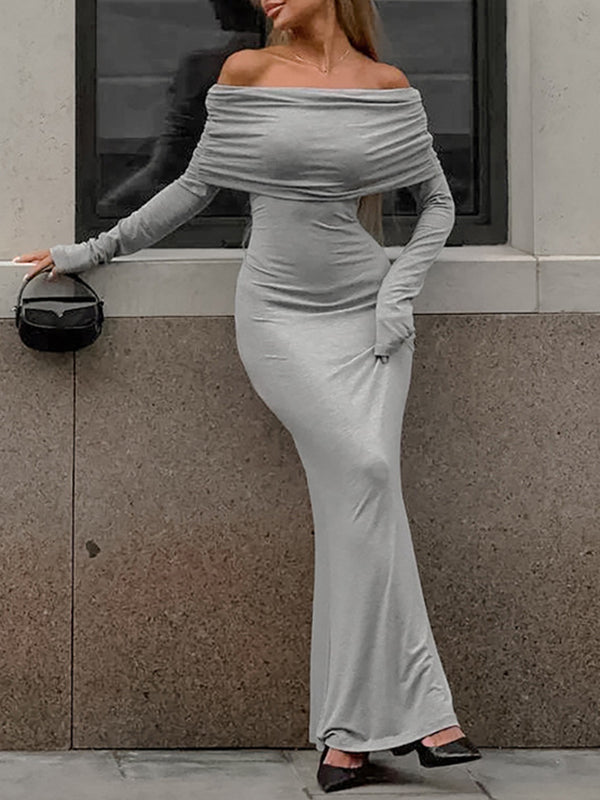 Long Sleeves Skinny Pleated Solid Color Split-Joint Off-The-Shoulder Evening Dresses Maxi Dresses - VelvetHem