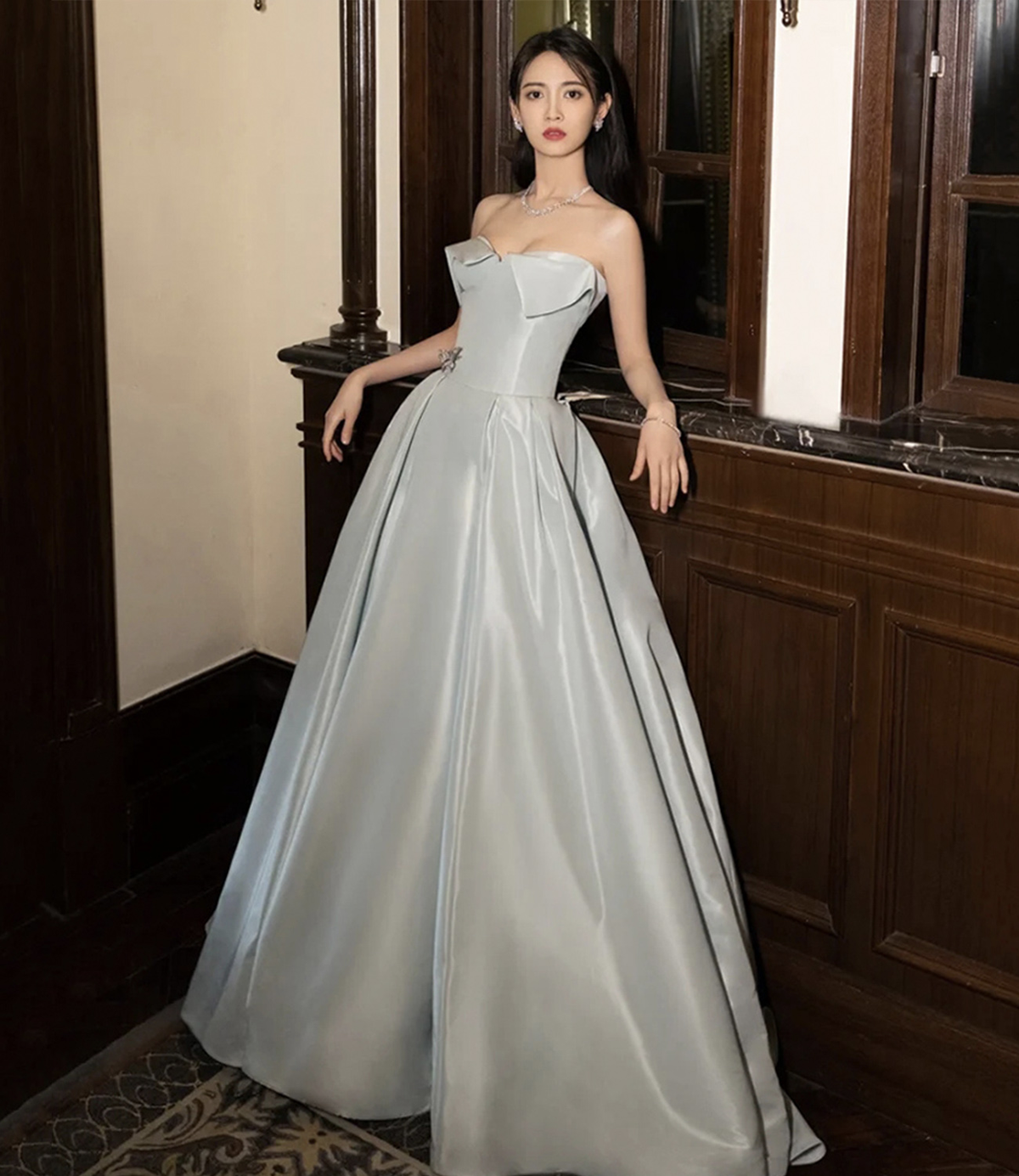 Blue Satin Long Prom Dress Elegant Evening Dress - VelvetHem
