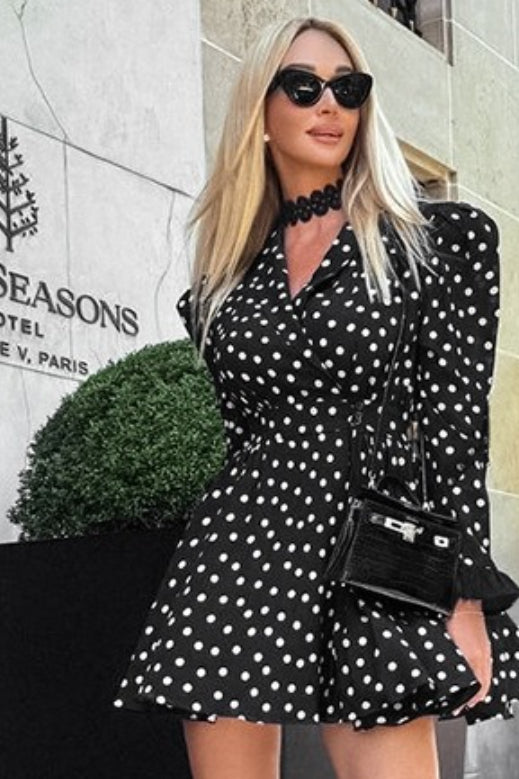 V Neck Puff Sleeve Polka Dot Mini Dress