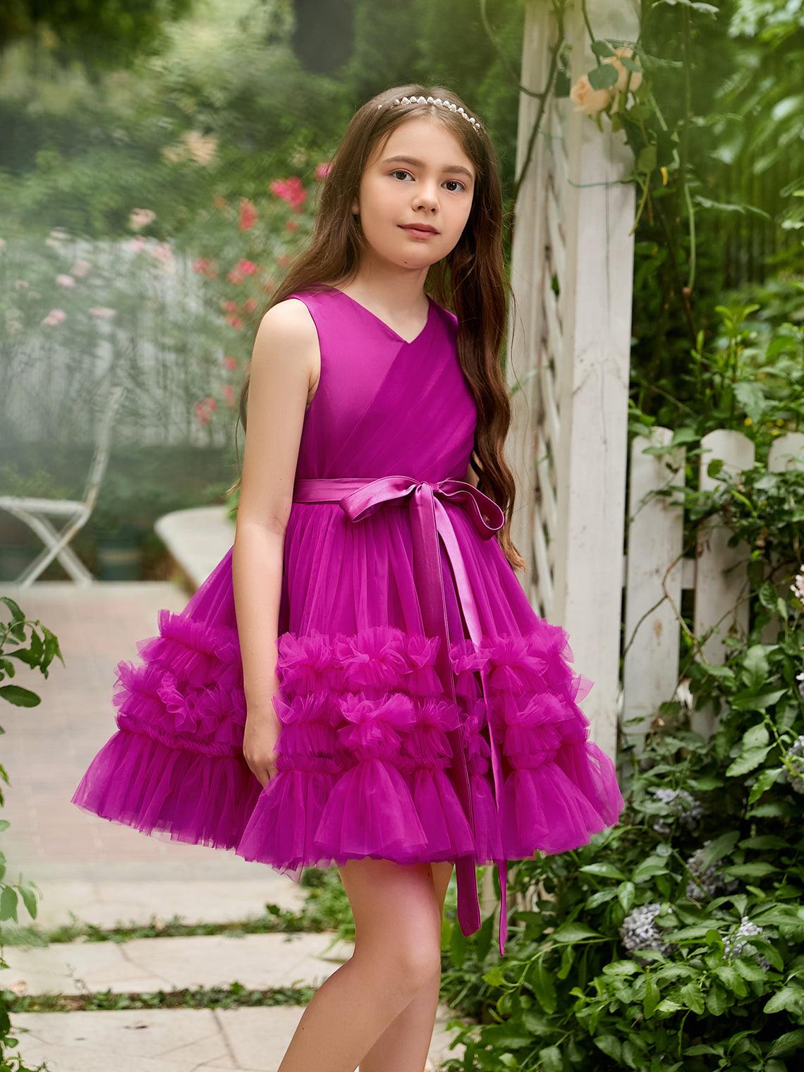 Fuchsia Princess Sleeveless Tulle Flower Girl Dress with Ruffles (010225236)
