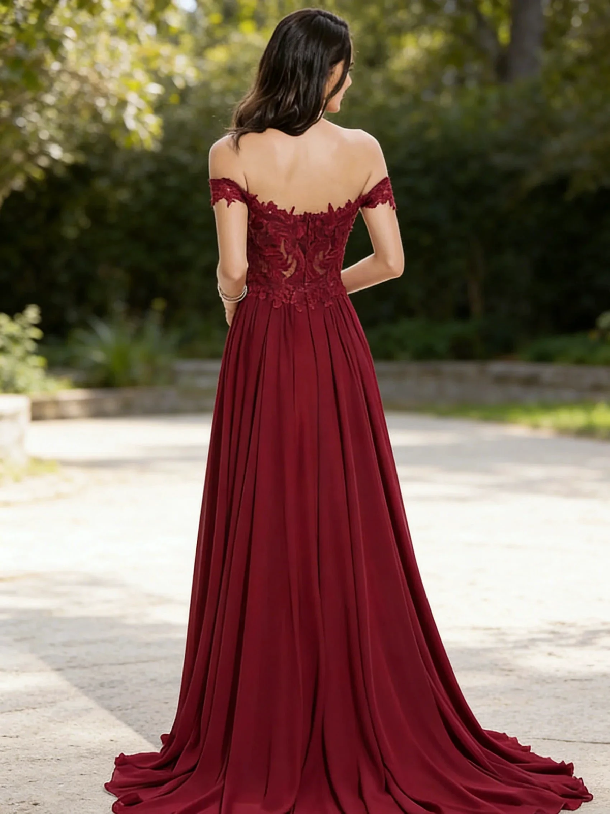 Burgundy Off-the-Shoulder Lace Evening Gown with Train (ZD16782) - VelvetHem