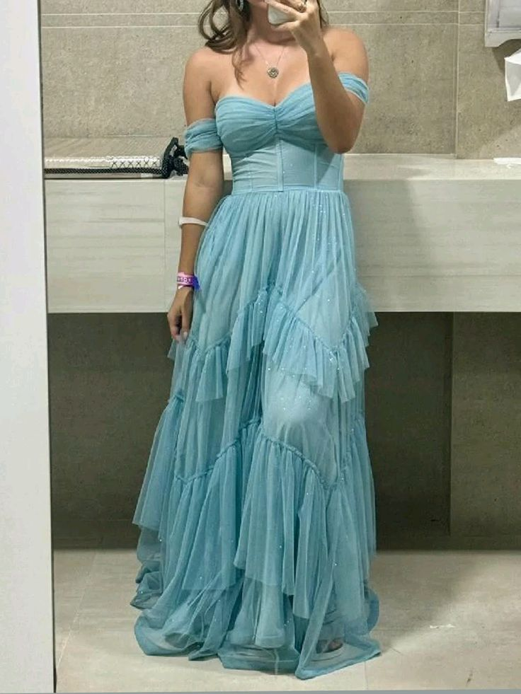 Elegant Off The Shoulder Long A Line Party Dress Shiny Layered Tulle Prom Evening Dress - VelvetHem