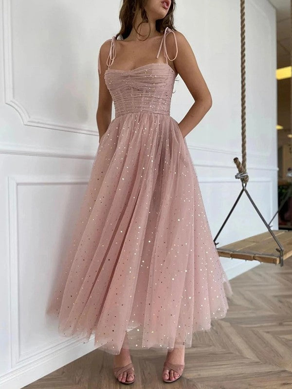 Straps Tulle Dusty Pink Prom Dress Short With Sequins - VelvetHem