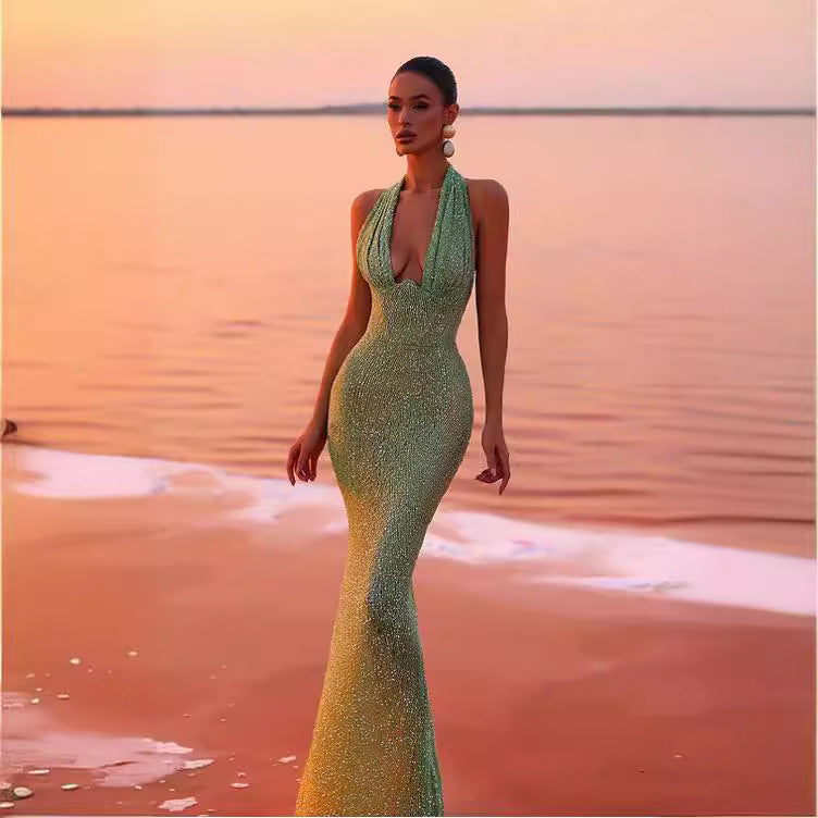Sleeveless Halter Deep V Sequin Prom Dress - VelvetHem