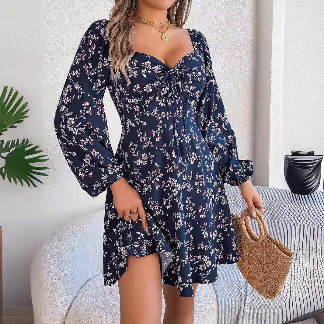 Elizabeth Minimalist Long Sleeved Floral Lantern Mini Dress Chic Silhouette Collection