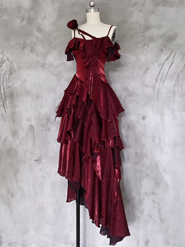 Pretty Asymmetrical Layered Flounce Spaghetti Strap Satin Prom Dress Mermaid Evening Gown - VelvetHem