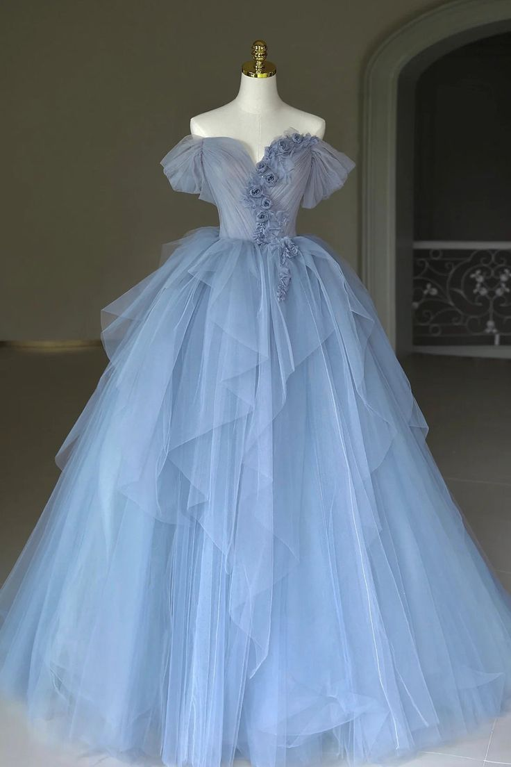 Blue Tulle Appliques Long Prom Dress, Off the Shoulder Evening Dress Ball Gown - VelvetHem