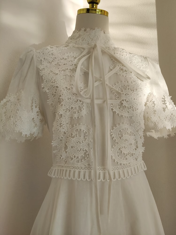 Cute A line High Neckline Short Sleeves Lace White Party Dress Chiffon Holiday Dresses - View 4 | VelvetHem