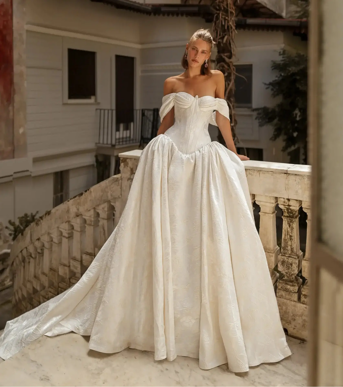 Romantic White Satin Off-the-Shoulder Ball Gown Wedding Dress with Train ZP123 - VelvetHem