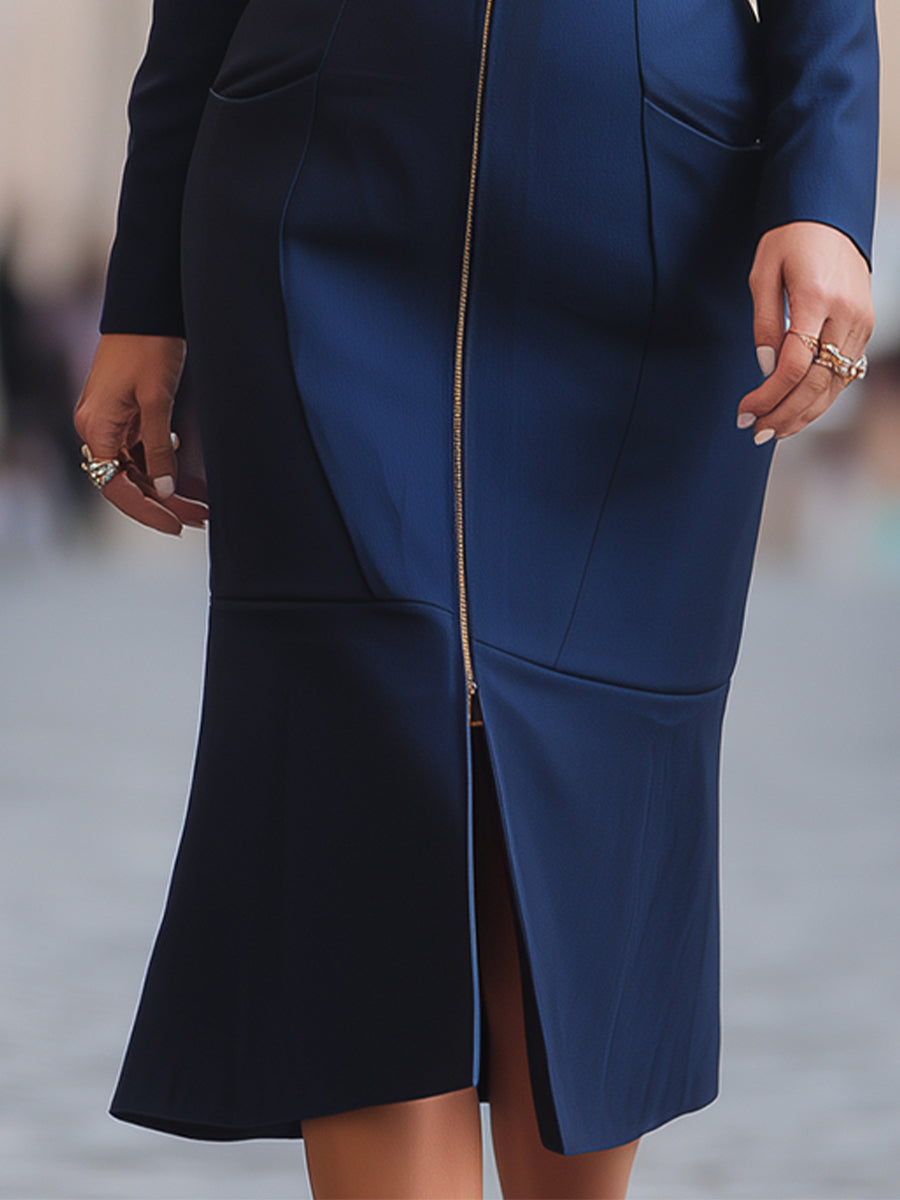 Stylish Zip-Front Tailored Midi Dress
