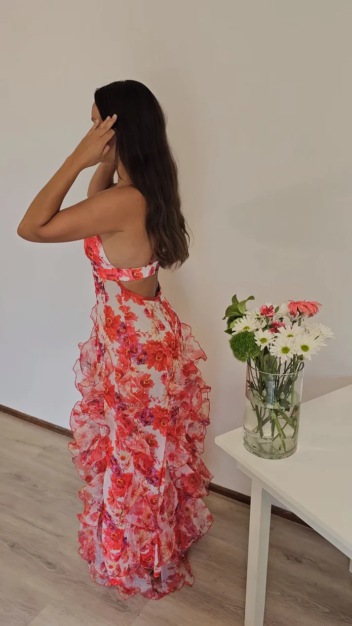 Sexy Red Floral Printed Backless Ruffle Long Party Dress Prom Evening Dress - View 3 | VelvetHem