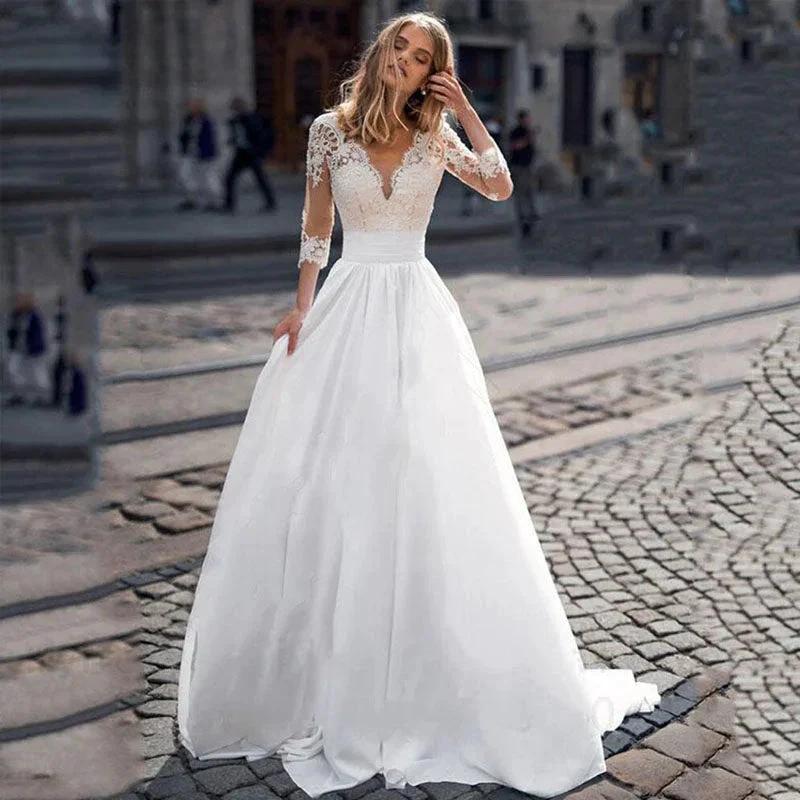 JEHETH Lace Appliques Wedding Dresses For Women Satin Elegant A Line Illusion Back With Button Bride Dress Vestidos de Novia (ZD13382) - VelvetHem