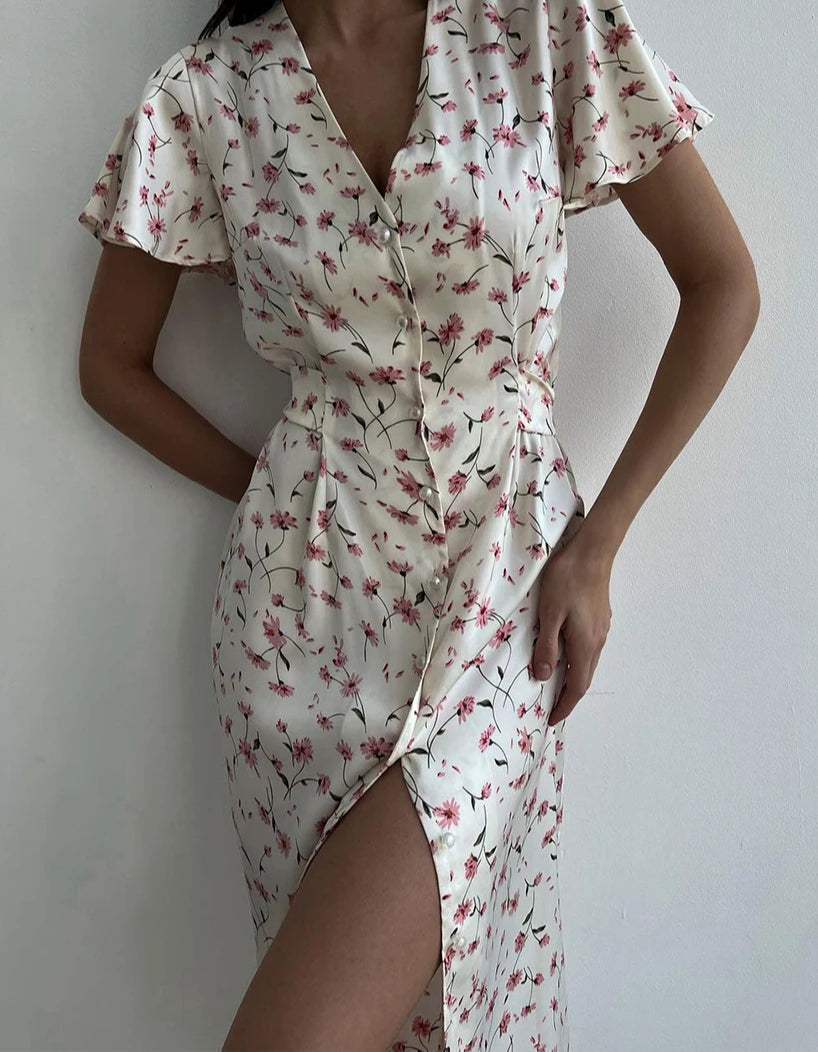 V-neck Short Sleeve Midi Floral Dress - VelvetHem