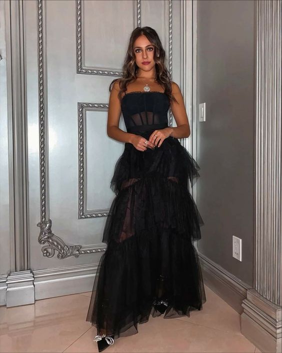 Spaghetti Strap Mesh Corset Gown Long Prom Dress Black Evening Dress - View 2 | VelvetHem