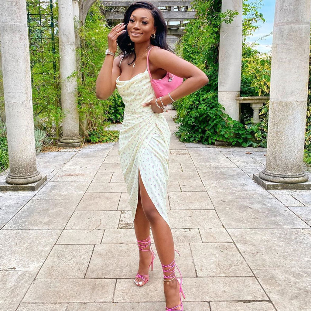 Printed Cowl Neck Side Slit Ruched Slip Midi Dress - Yellow