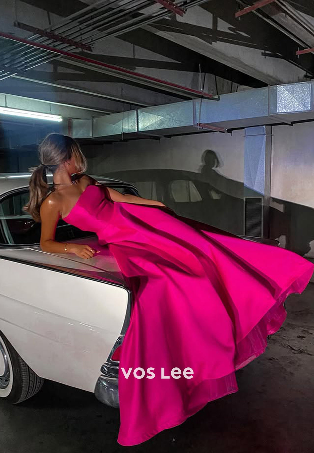 Classic Solid Fuchsia Strapless A-Line with Train Evening Dress Formal Party Gown - View 3 | VelvetHem