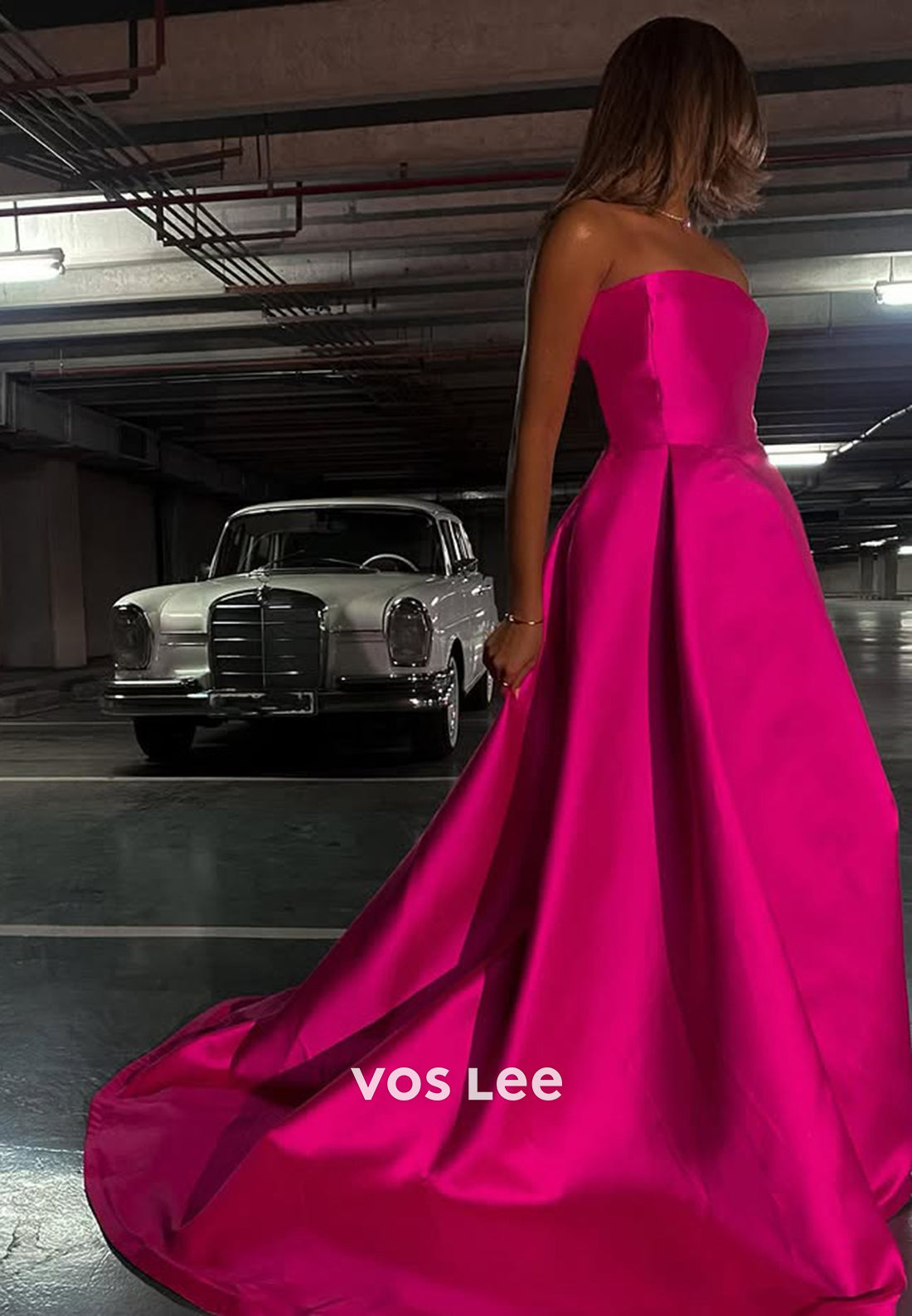 Classic Solid Fuchsia Strapless A-Line with Train Evening Dress Formal Party Gown - View 2 | VelvetHem