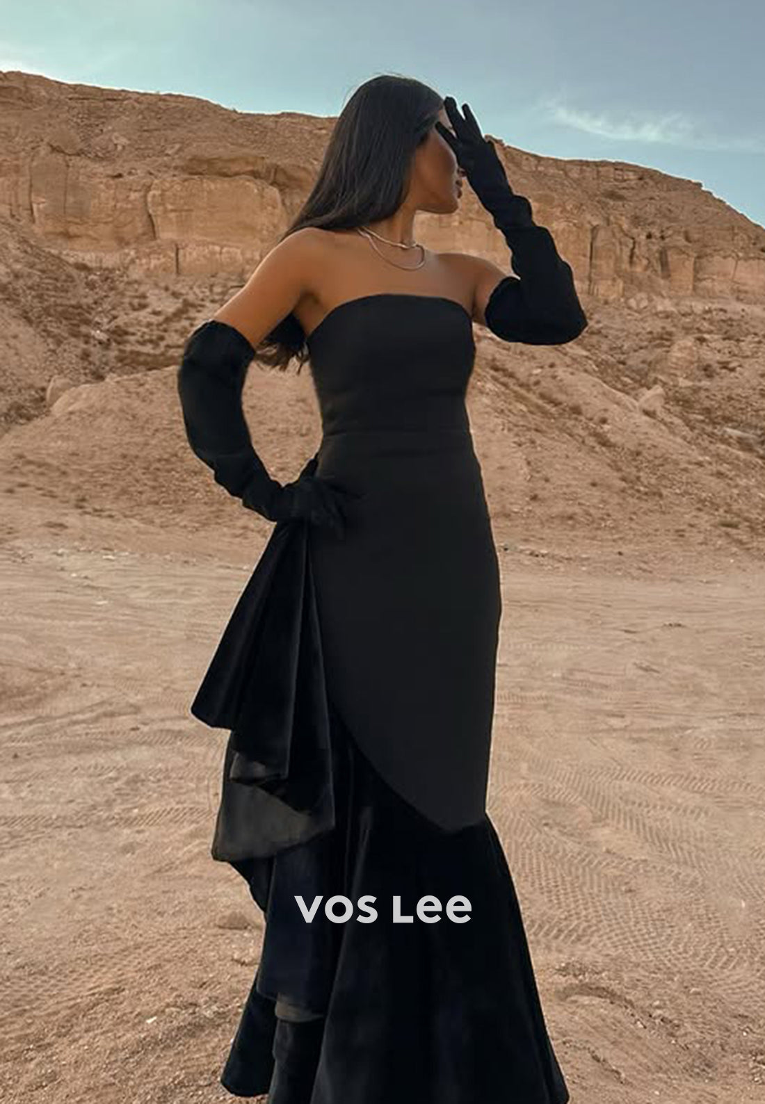 Elegant Black Fitted Ruffles Sheath Strapless Evening Dress Formal Party Gown - View 5 | VelvetHem