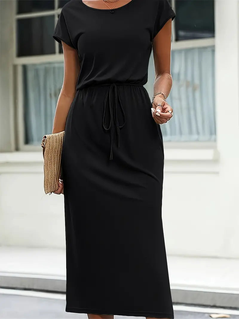 Hazel Luxe Casual Short Sleeved Round Neck Dress with Self Tie Belt Boutique Collection