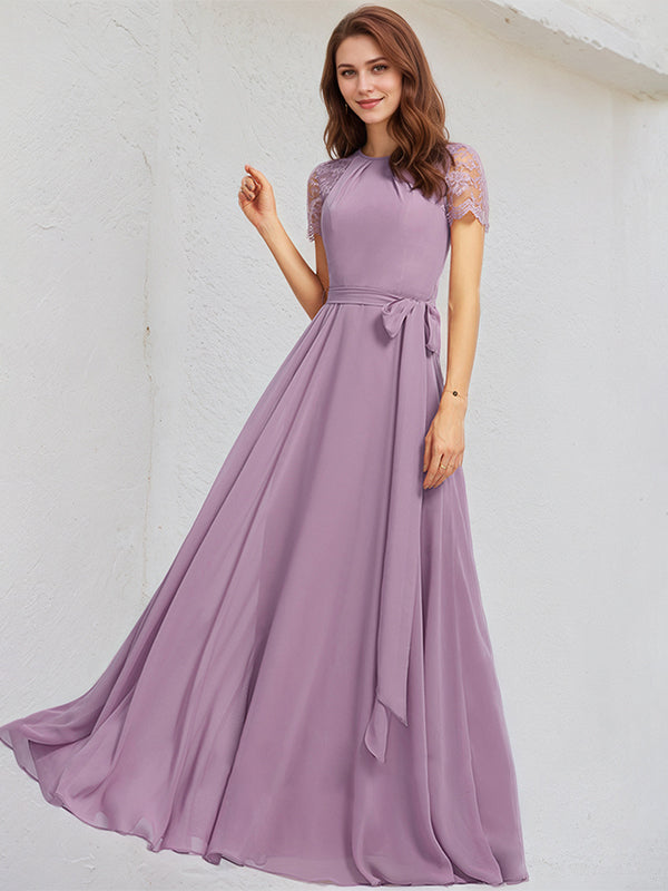 Wisteria A-Line Scoop Floor-Length Lace Chiffon Bridesmaid Dress - VelvetHem